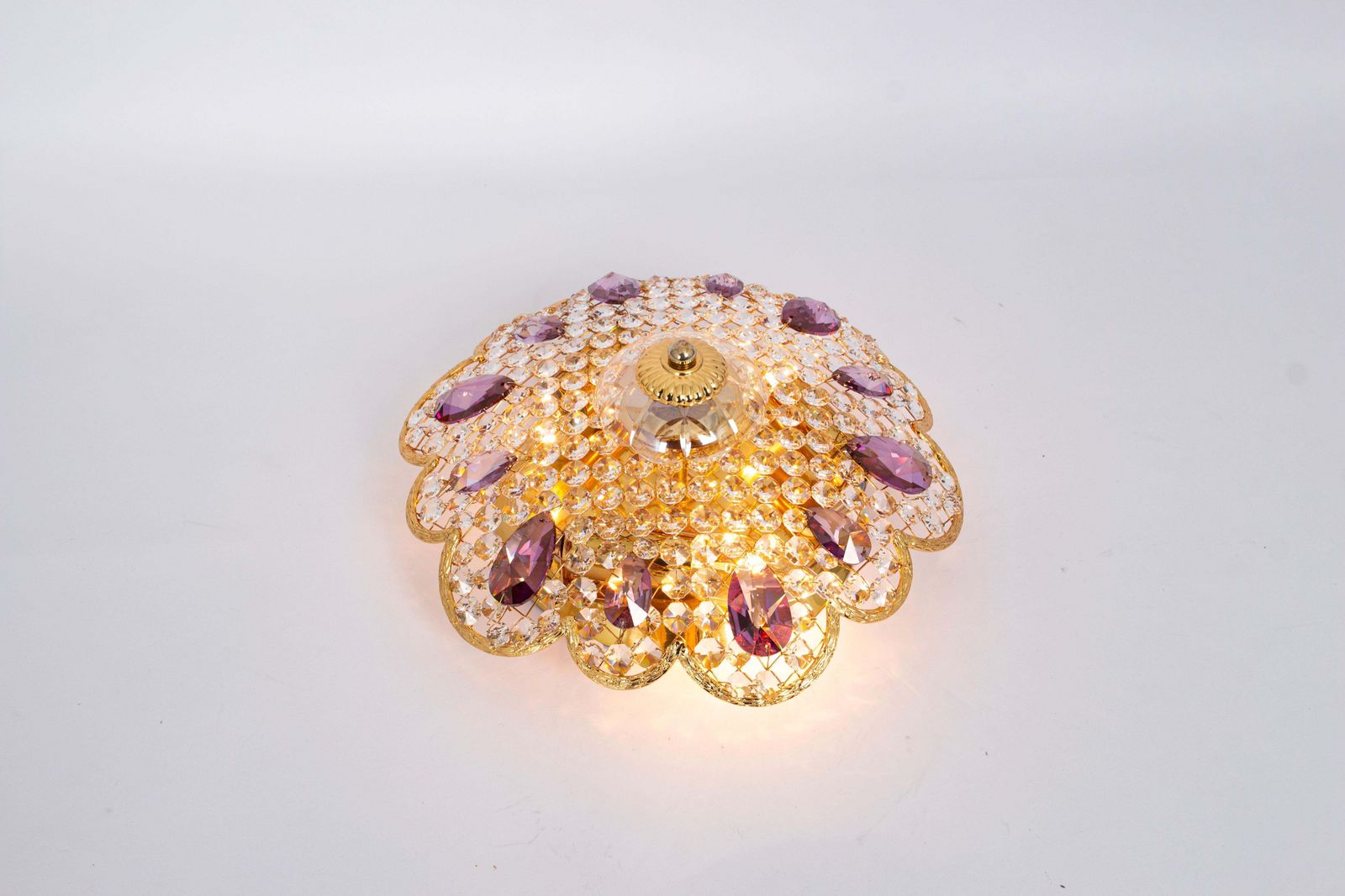 Petite Delicate Gilt Brass Cut Glass Flower Flush Mount By Palwa, Germany, 1970s photo 1075.0