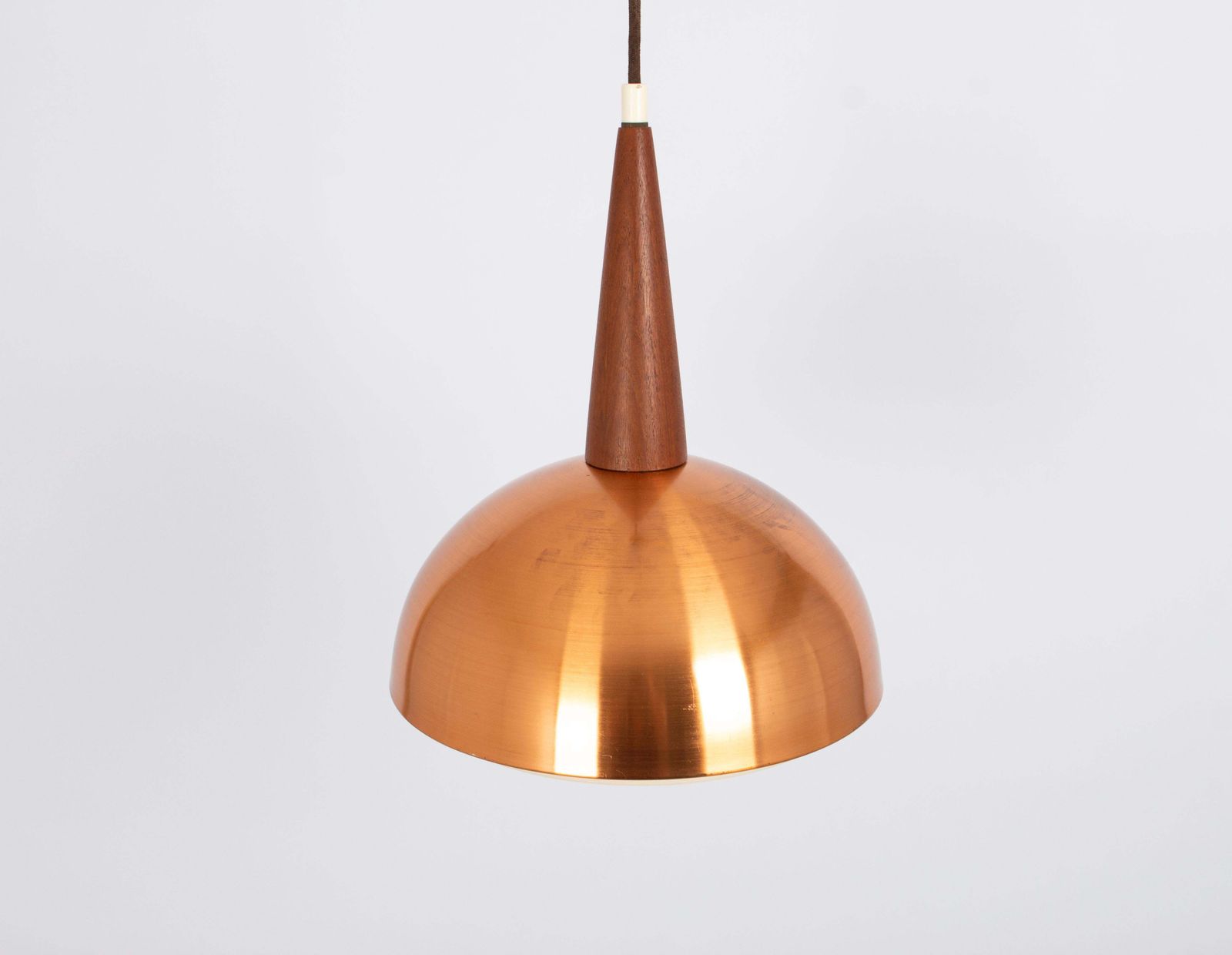 Wonderful Petite Copper And Teak Pendant Light, In Style Of Jo Hammerborg, 1970s photo vinterior