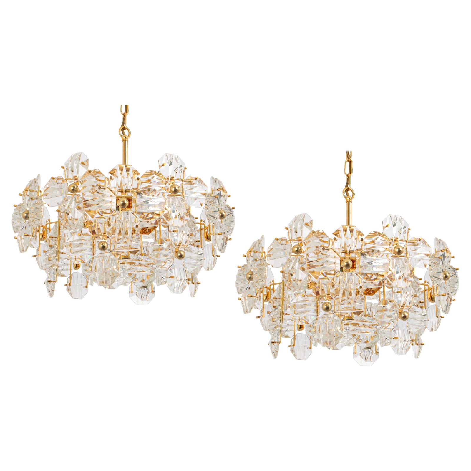 1 Of 2 Stunning Chandelier, Brass And Crystal Glass By Kinkeldey, Germany, 1970s