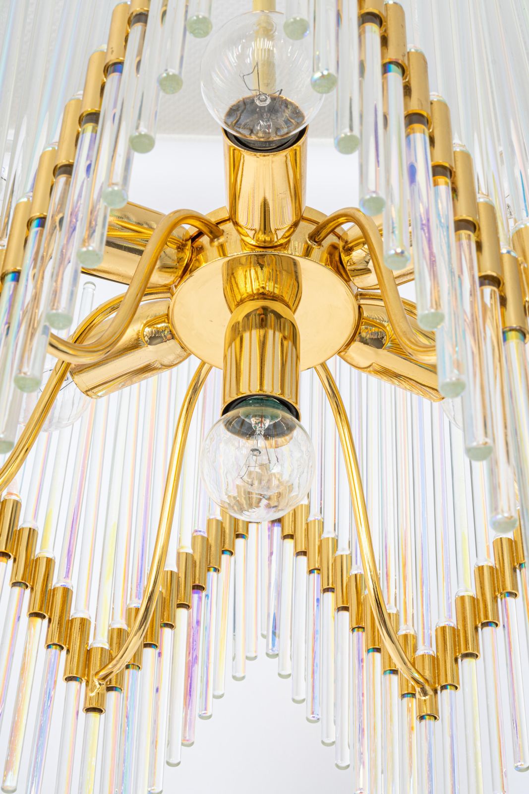 Stunning Gilt Brass And Crystal Glass Rods Chandelier By Palwa, Germany, 1970s photo vinterior
