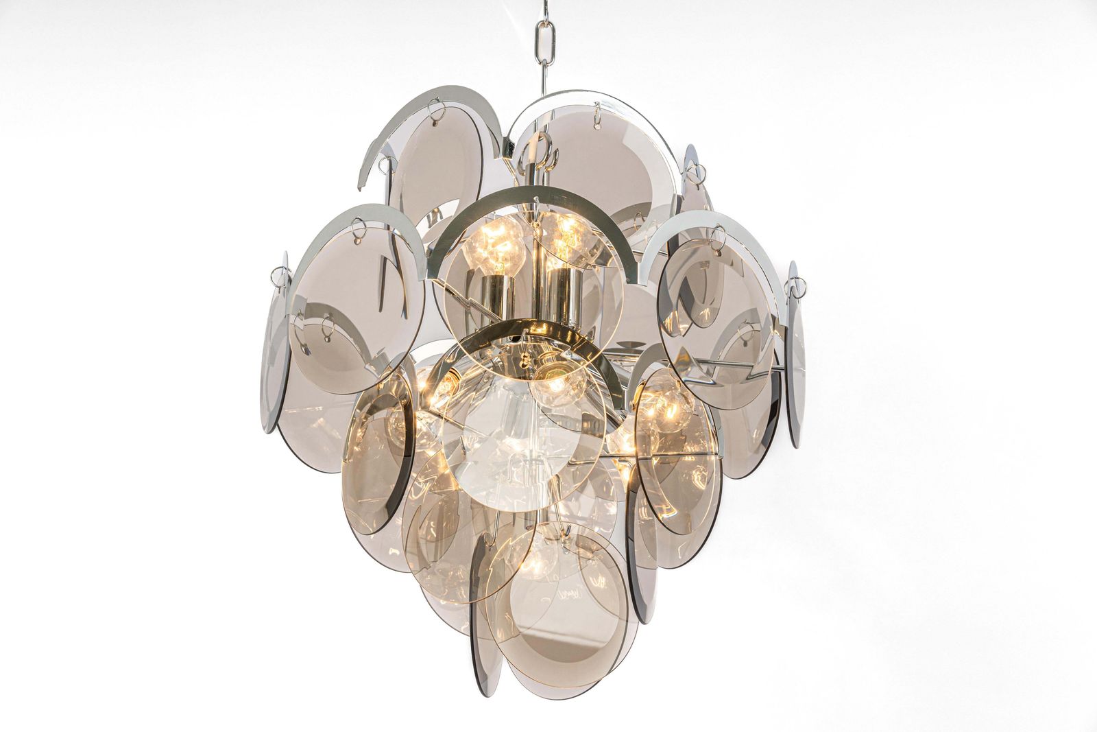 Vistosi Smoked Glass Disc Chrome Chandelier, Italy, 1970s photo Lighting