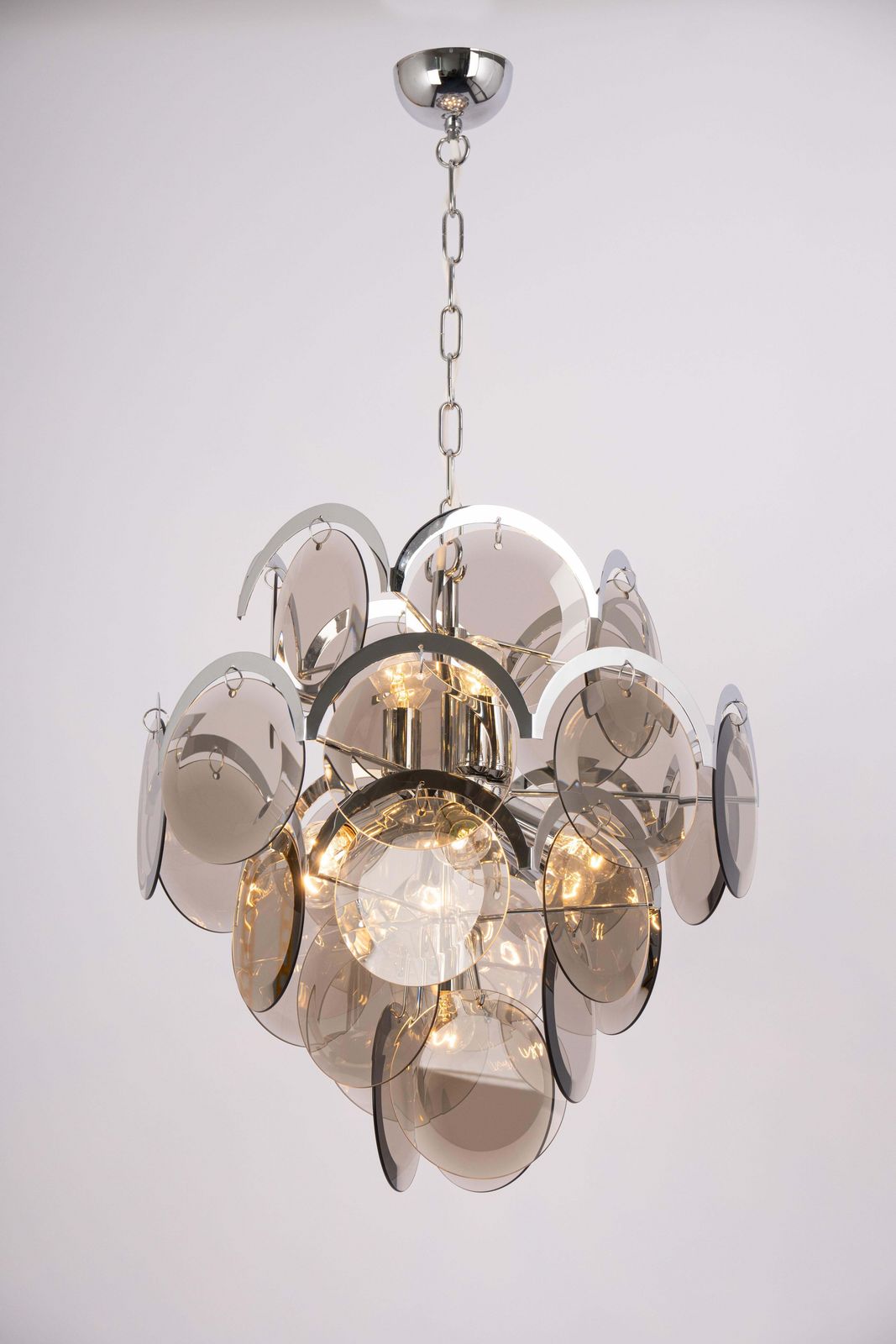 photo for sale Vistosi Smoked Glass Disc Chrome Chandelier, Italy, 1970s