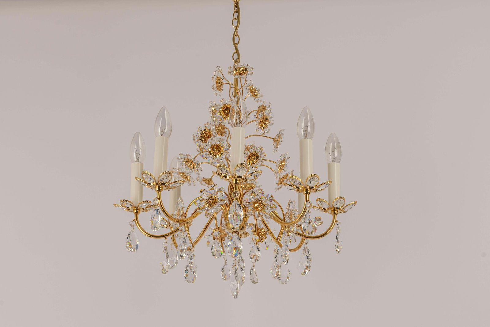Large Gilt Brass Flower Shape Chandelier By Palwa, Germany, 1970s photo for sale