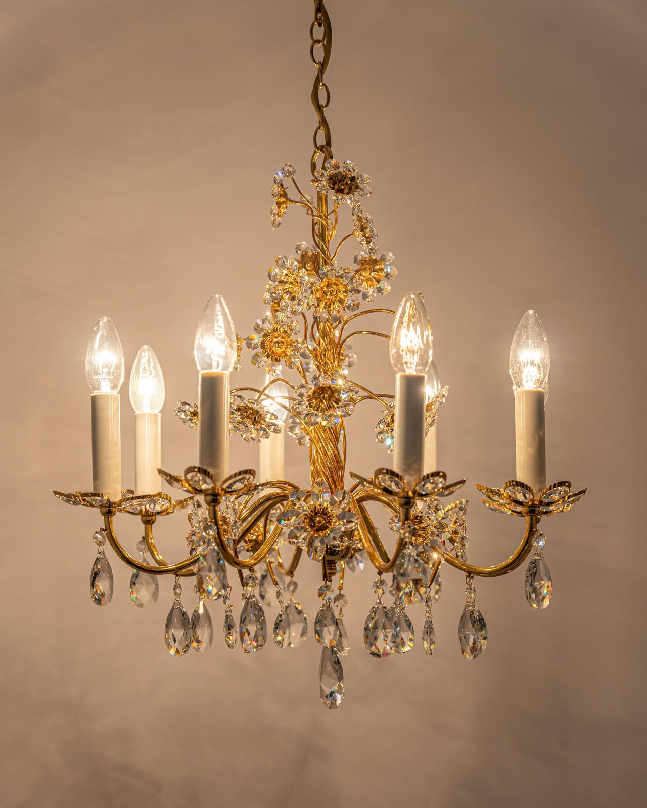photo vintage Large Gilt Brass Flower Shape Chandelier By Palwa, Germany, 1970s