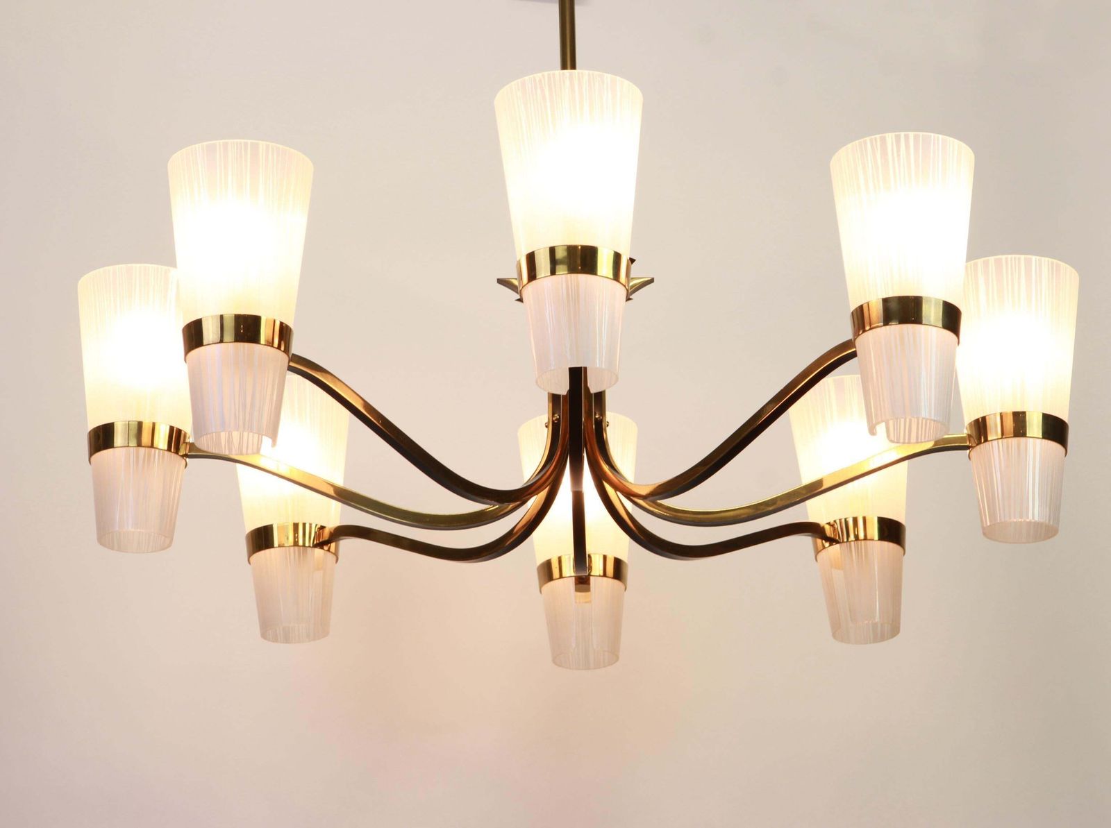 Huge Sunburst Brass And Glass Chandelier, Stilnovo Style, 1950s photo 1633.0