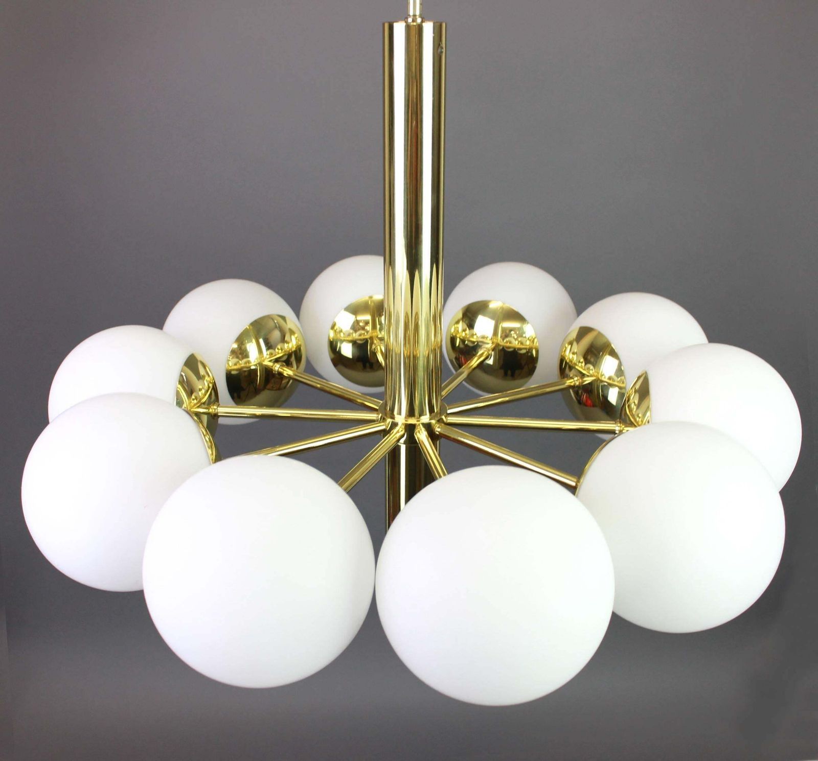 1 Of 2 Large Stunning Kaiser Sputnik Opal Globes Chandelier, Germany, 1970s photo vinterior