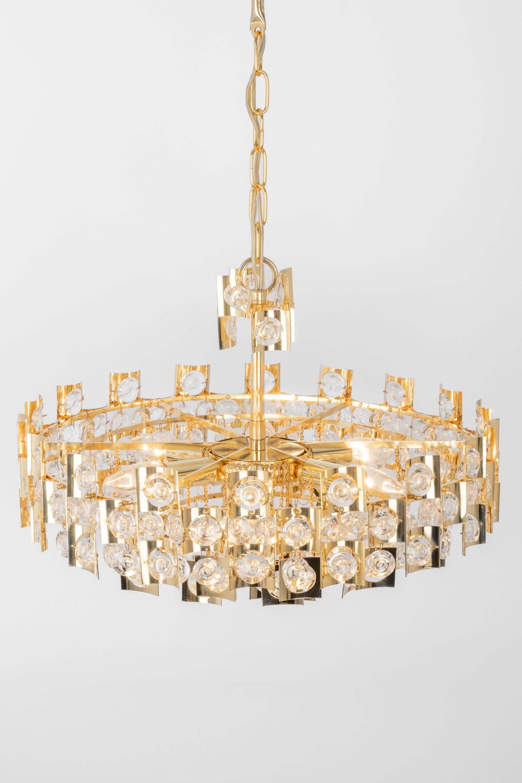 Impressive Large Gilt Brass And Crystal Glass Chandelier By Palwa Germany, 1960s photo vintage