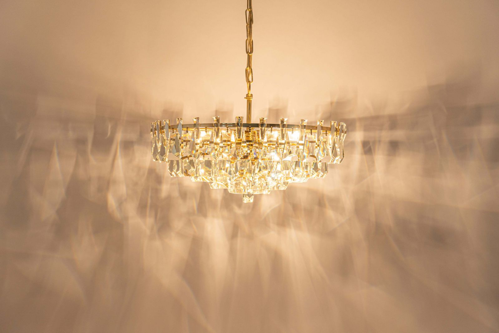 photo for sale Large Gilt Brass And Crystal Chandelier, By Palwa, Germany, 1970s