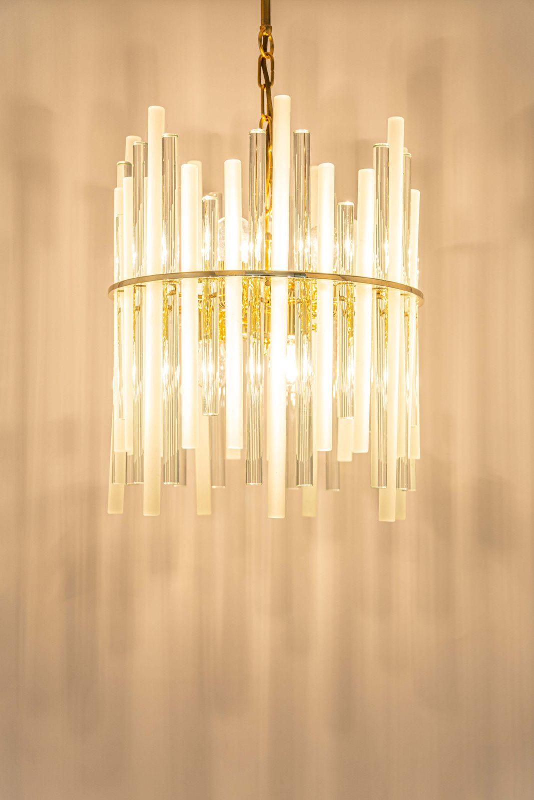 photo for sale Stunning Gilt Brass And Crystal Glass Rods Chandelier By C.Palme, Germany, 1970s