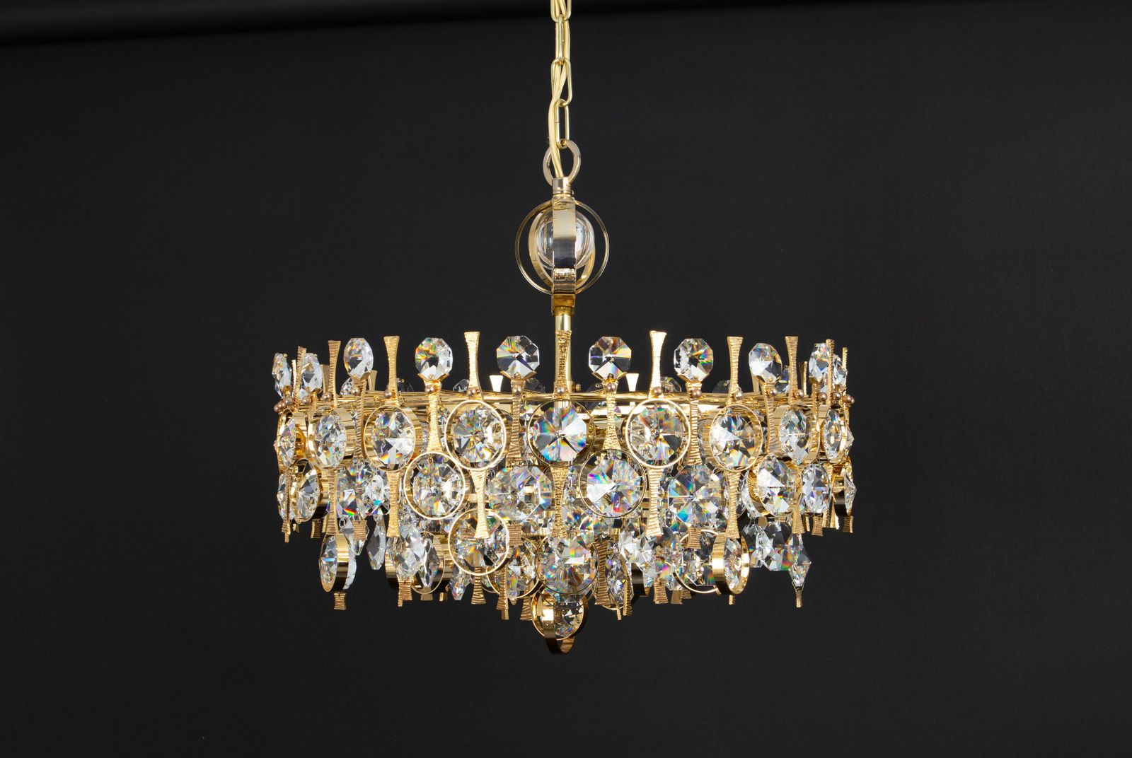 Lighting Large Gilt Brass And Crystal Chandelier, By Palwa, Germany, 1970s photo