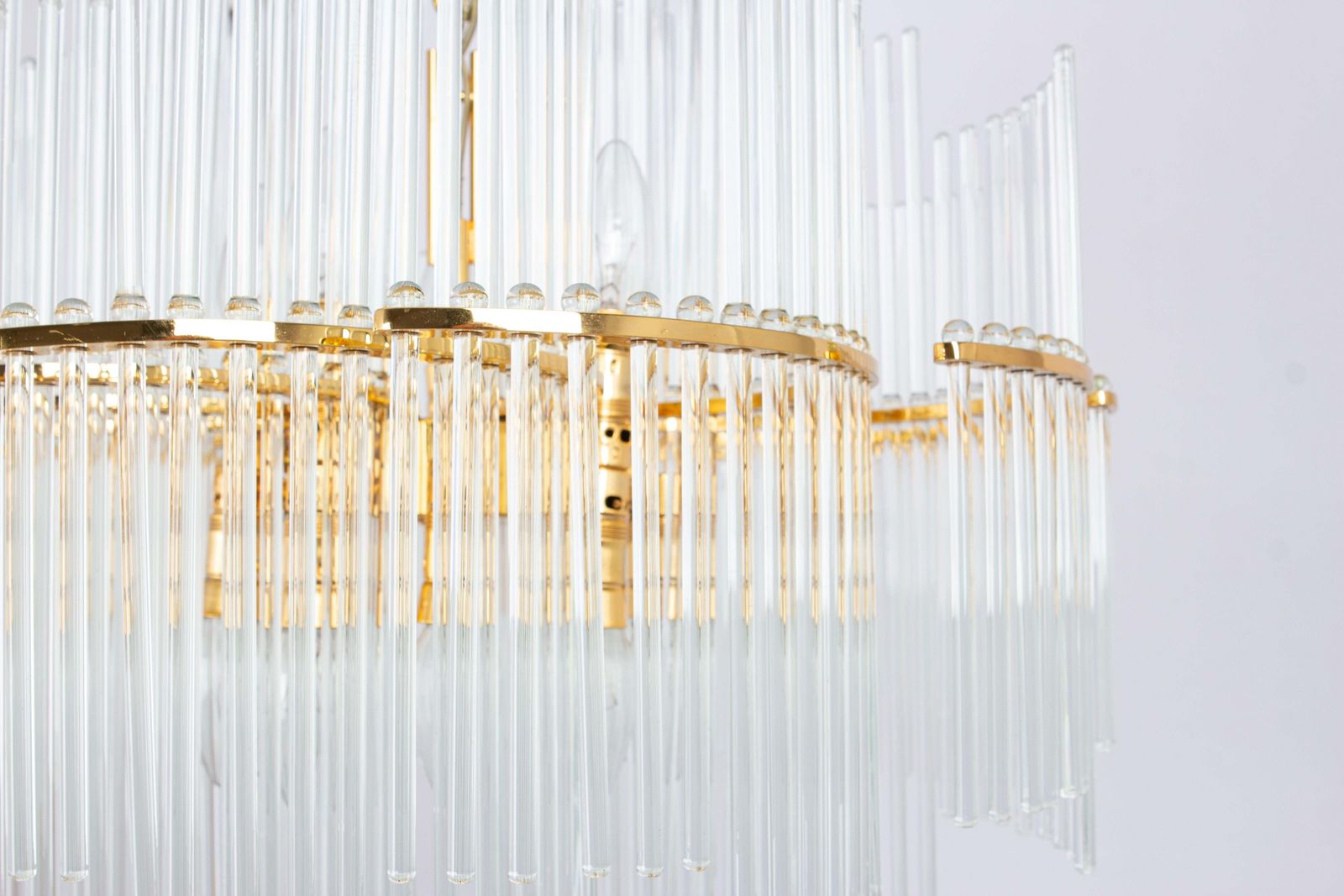 1 Of 2 Stunning Gilt Brass And Crystal Glass Rods Chandelier By Palwa, 1970s photo vinterior
