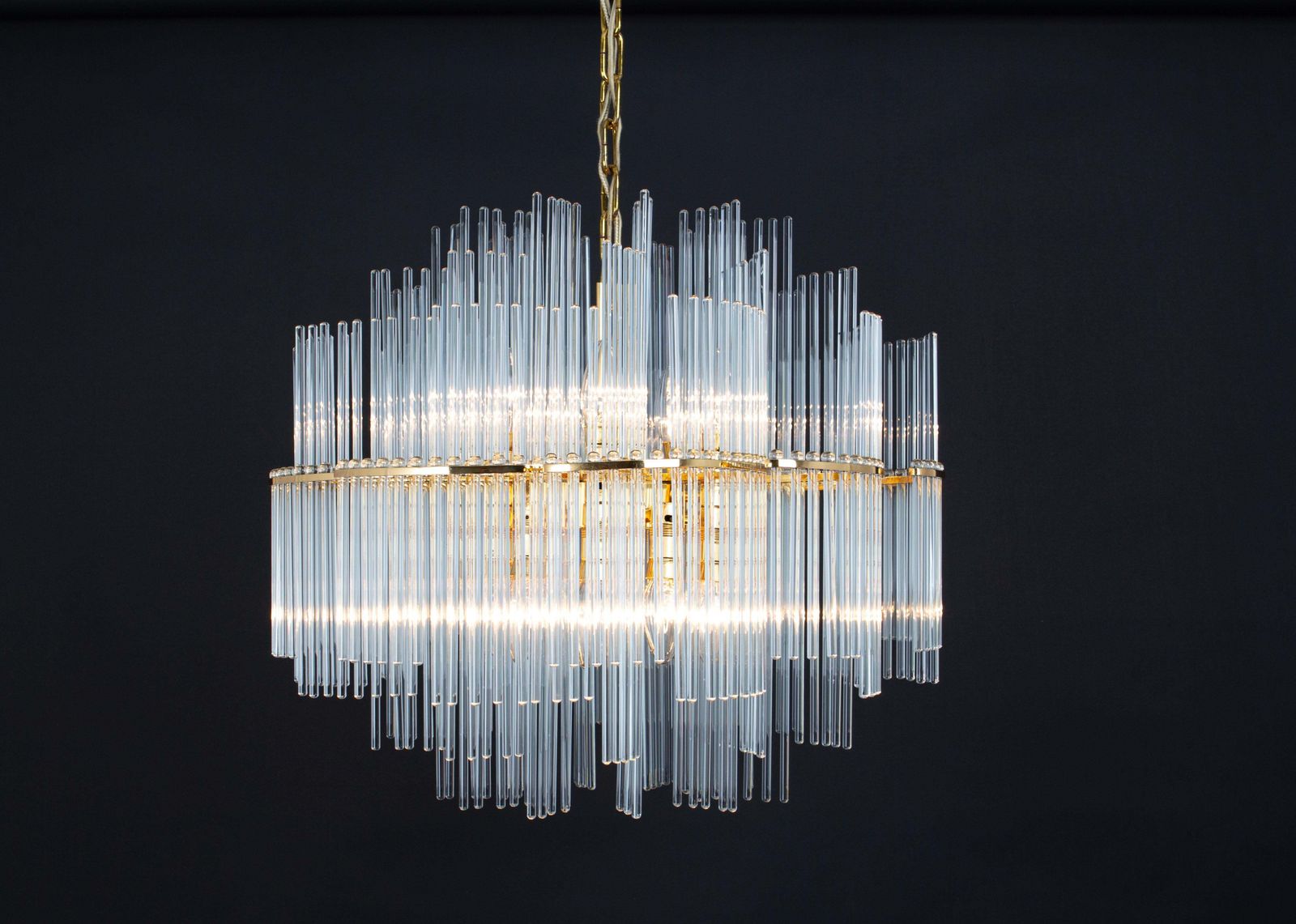 photo for sale 1 Of 2 Stunning Gilt Brass And Crystal Glass Rods Chandelier By Palwa, 1970s