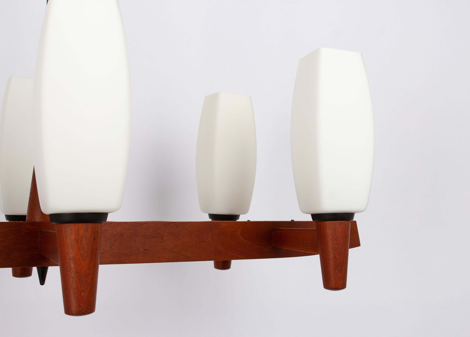 Wonderful Minimalistic Teak And Opal Glass Chandelier By Kaiser, Germany 1960s photo Lighting