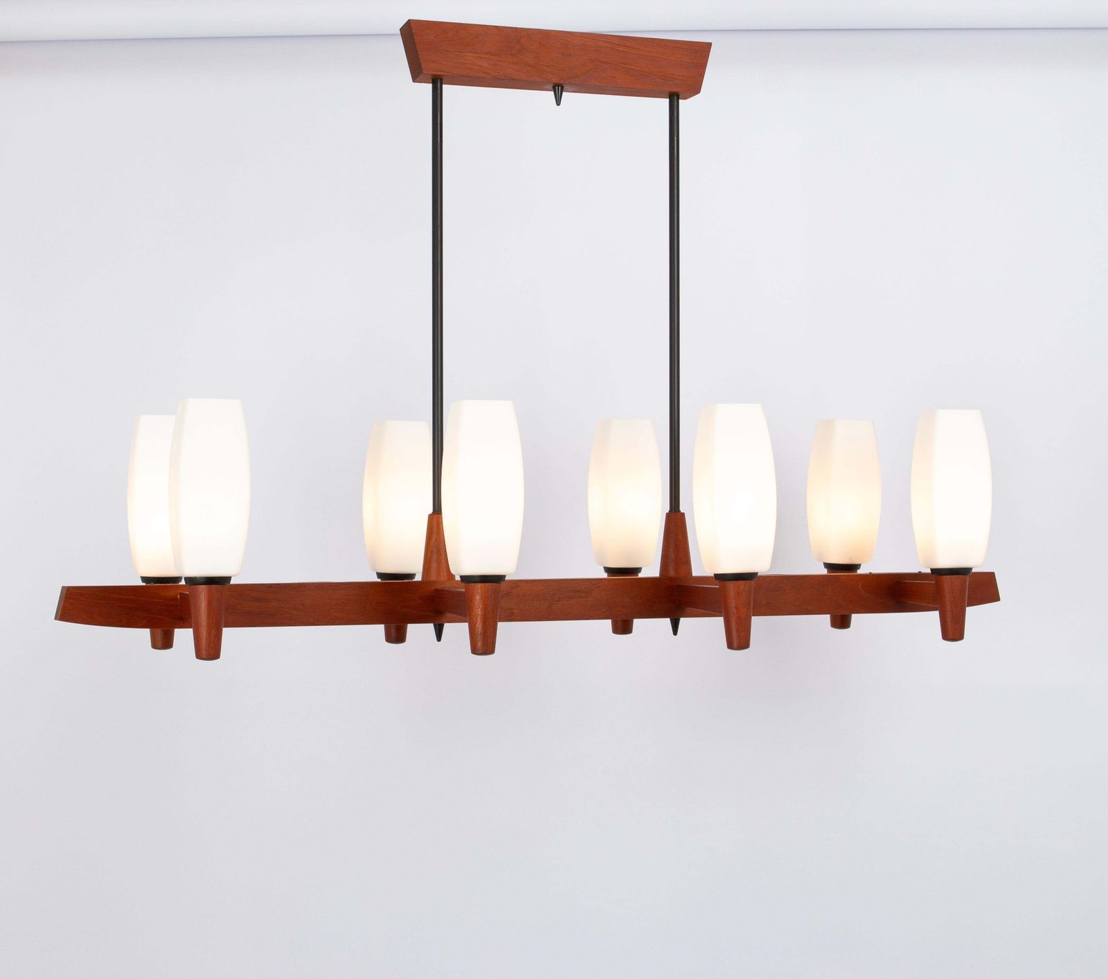 photo for sale Wonderful Minimalistic Teak And Opal Glass Chandelier By Kaiser, Germany 1960s
