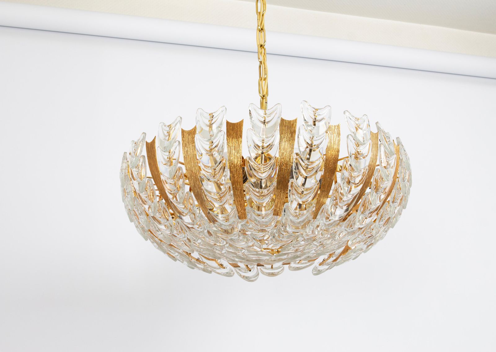 Large Delicate Gilt Brass Crystal Glass Chandelier By Palwa, Germany, 1970s photo for sale