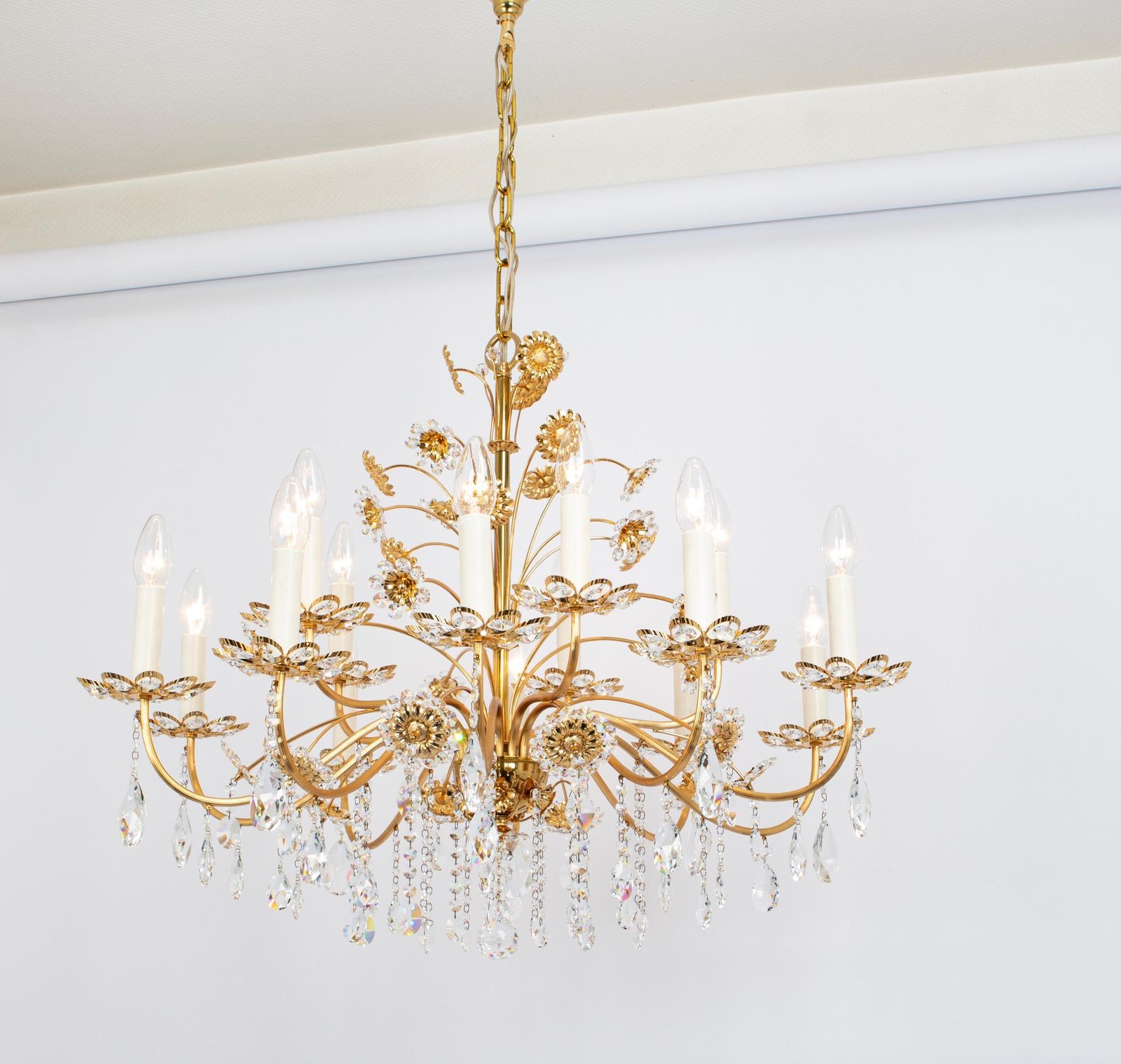 Large Gilt Brass Flower Shape Chandelier By Palwa, Germany, 1970s photo vinterior