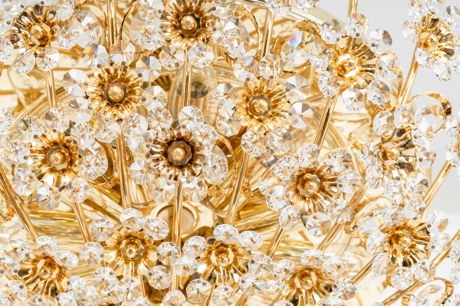 Petite Delicate Gilt Brass Cut Glass Flower Flush Mount By Palwa, Germany, 1970s photo Lighting