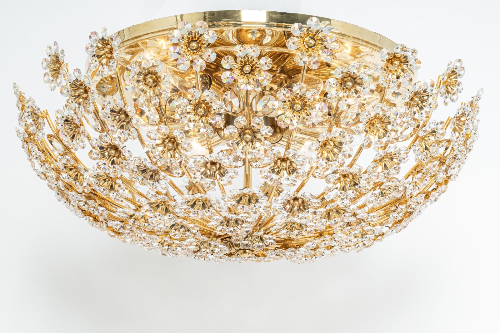 Petite Delicate Gilt Brass Cut Glass Flower Flush Mount By Palwa, Germany, 1970s photo 5588.0