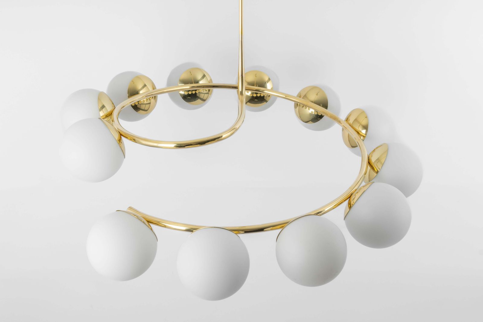 Large Italian Brass Radial Glass Chandelier, Stilnovo Style, 1960s photo for sale