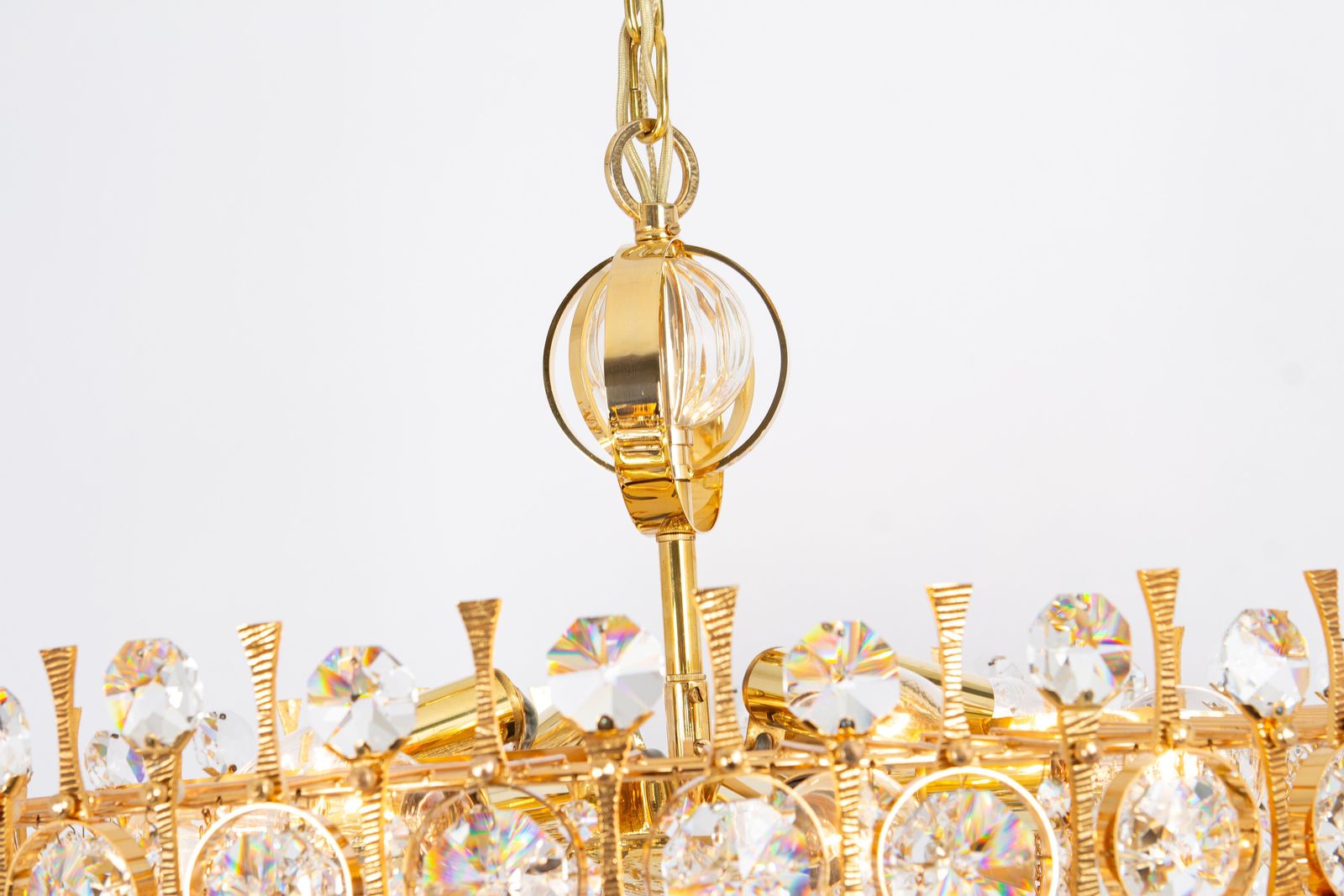 Lighting Large Gilt Brass And Crystal Chandelier, By Palwa, Germany, 1970s photo