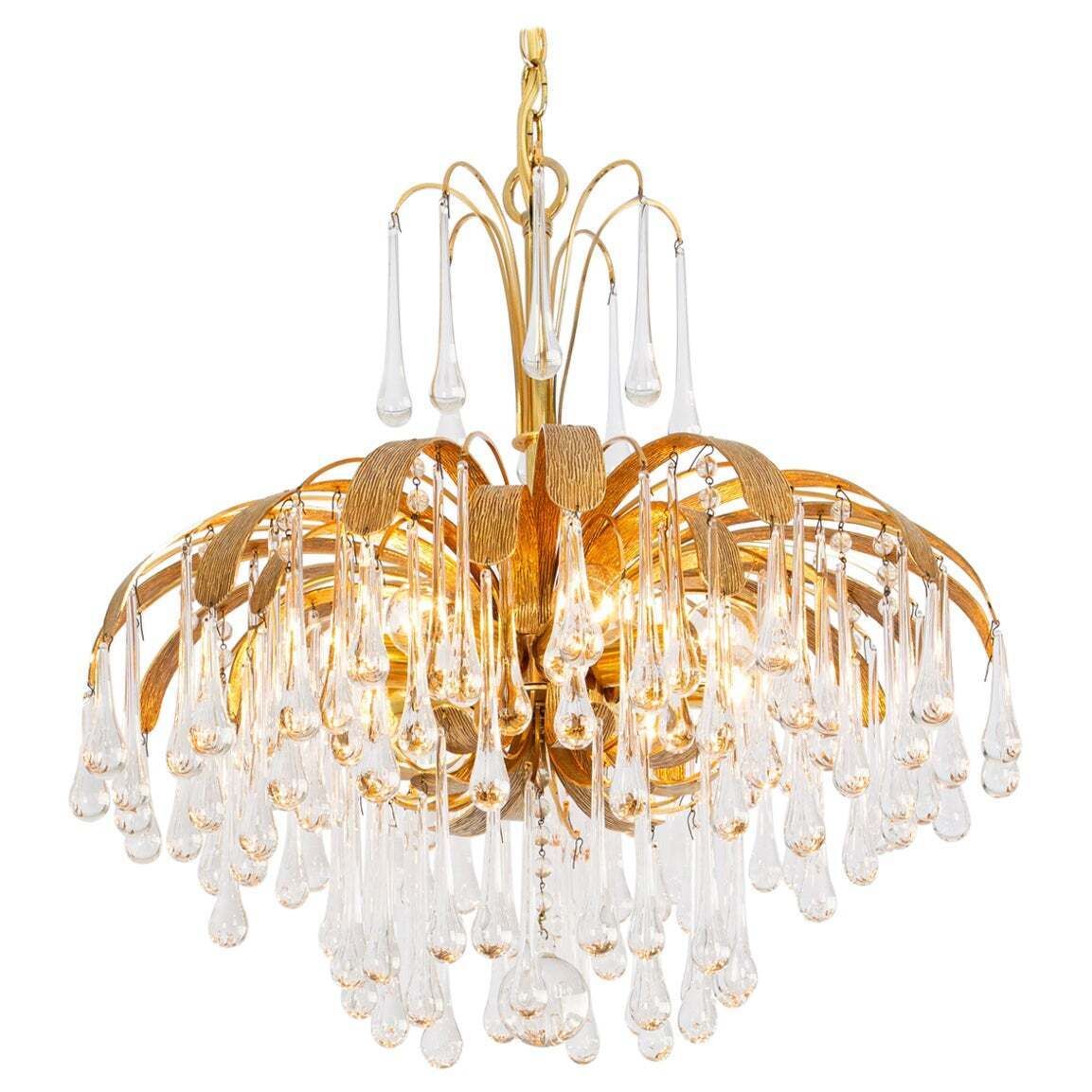 1 Of 3 Gilt Brass Teardrop Chandelier By Palwa, Sciolari Design, Germany, 1970s