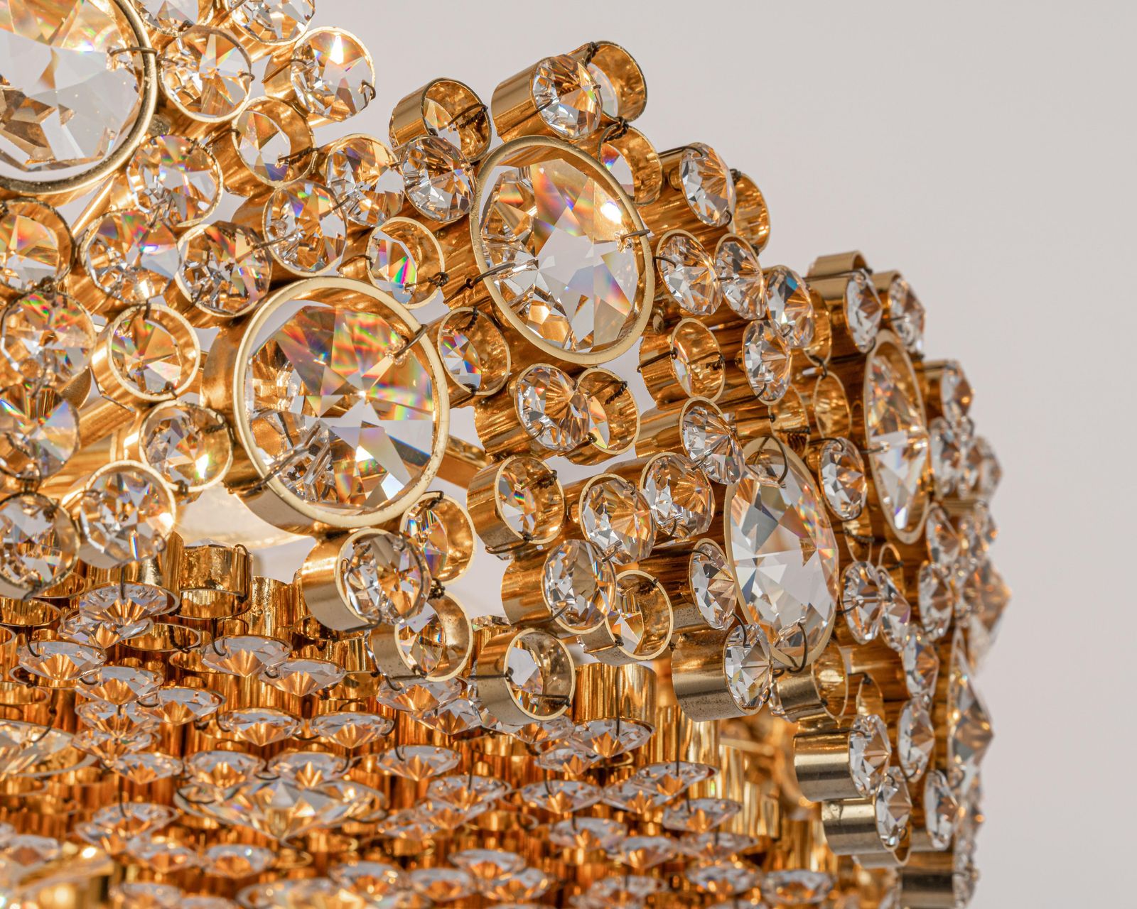 Lighting Gilt Brass And Crystal Glass Encrusted Chandeliers By Palwa, Germany, 1970s photo