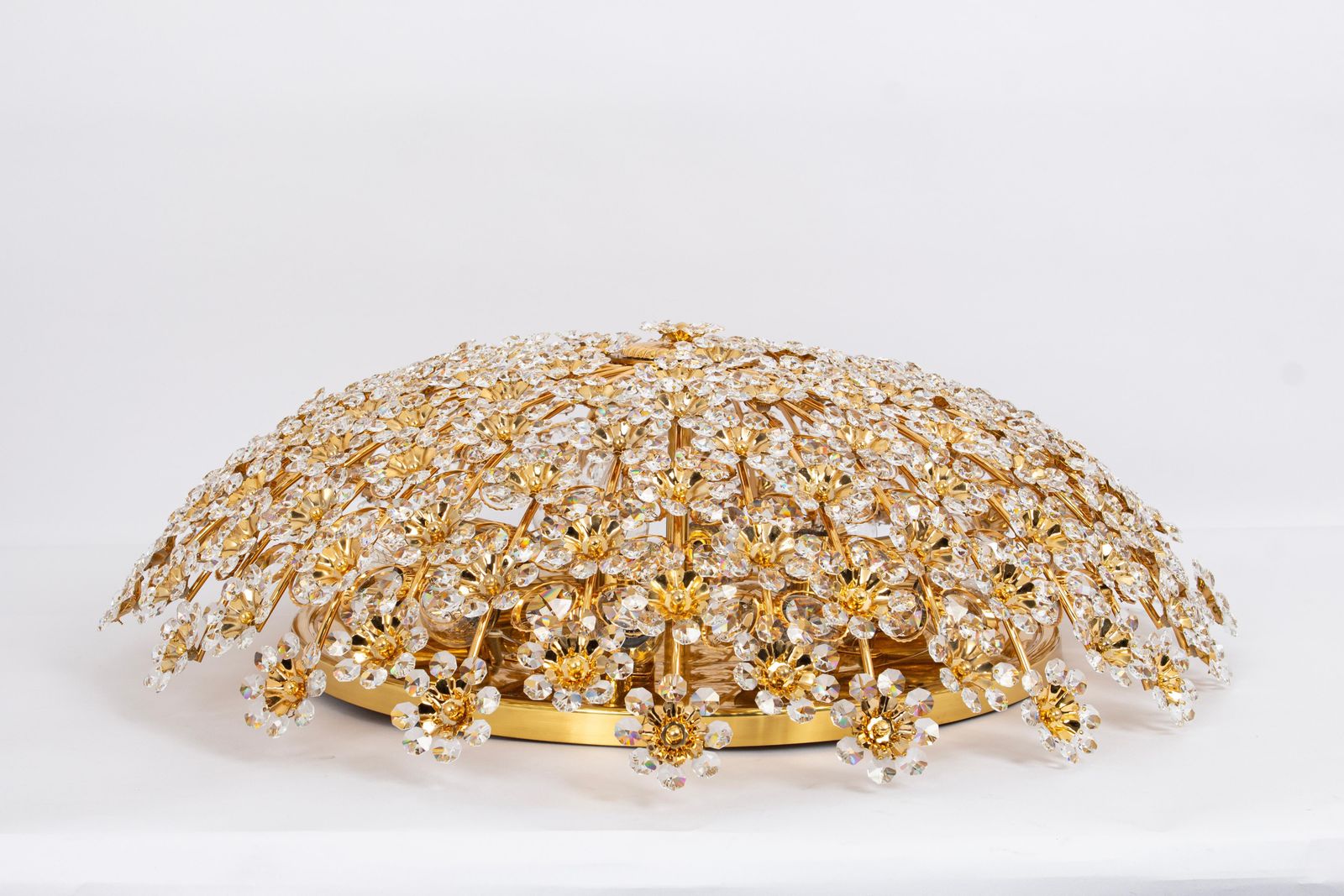 Huge Delicate Gilt Brass Cut Glass Flower Flush Mount By Palwa, Germany, 1970s photo Lighting