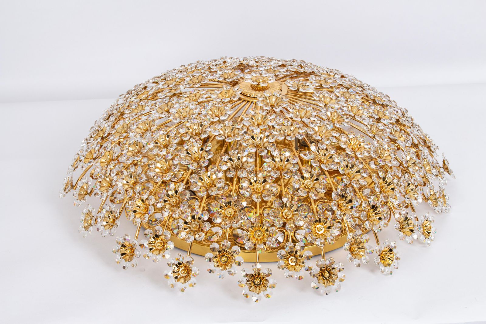 Huge Delicate Gilt Brass Cut Glass Flower Flush Mount By Palwa, Germany, 1970s photo 7307.0