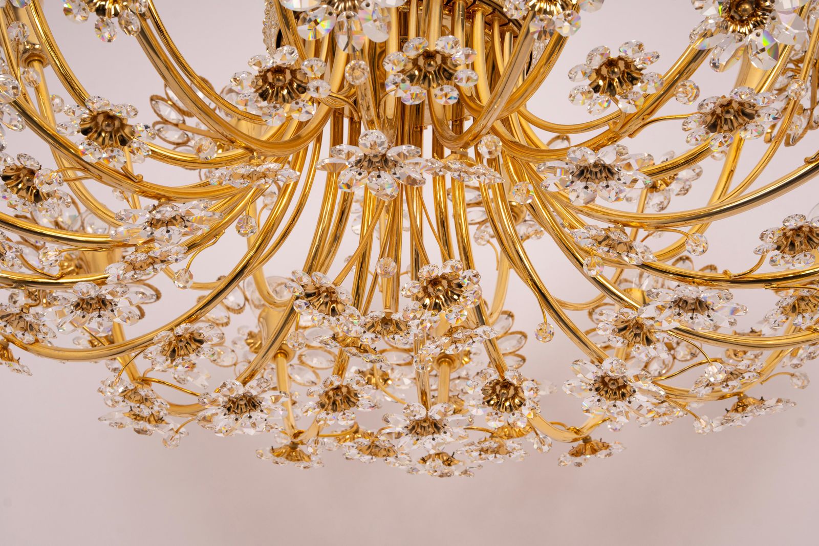 Huge Delicate Gilt Brass And Crystal Flower Chandelier By Palwa, Germany, 1970s photo 14185.0