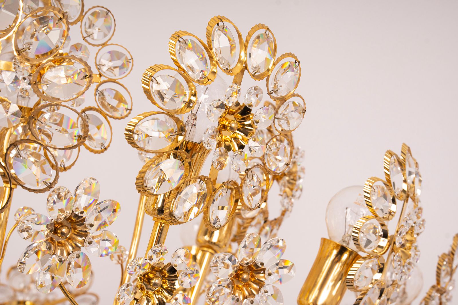 Huge Delicate Gilt Brass And Crystal Flower Chandelier By Palwa, Germany, 1970s photo vinterior