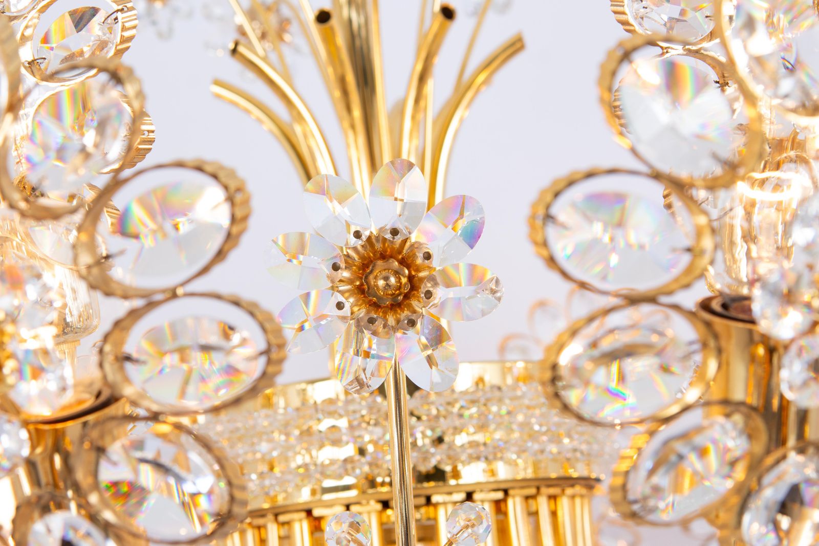 Huge Delicate Gilt Brass And Crystal Flower Chandelier By Palwa, Germany, 1970s photo buy
