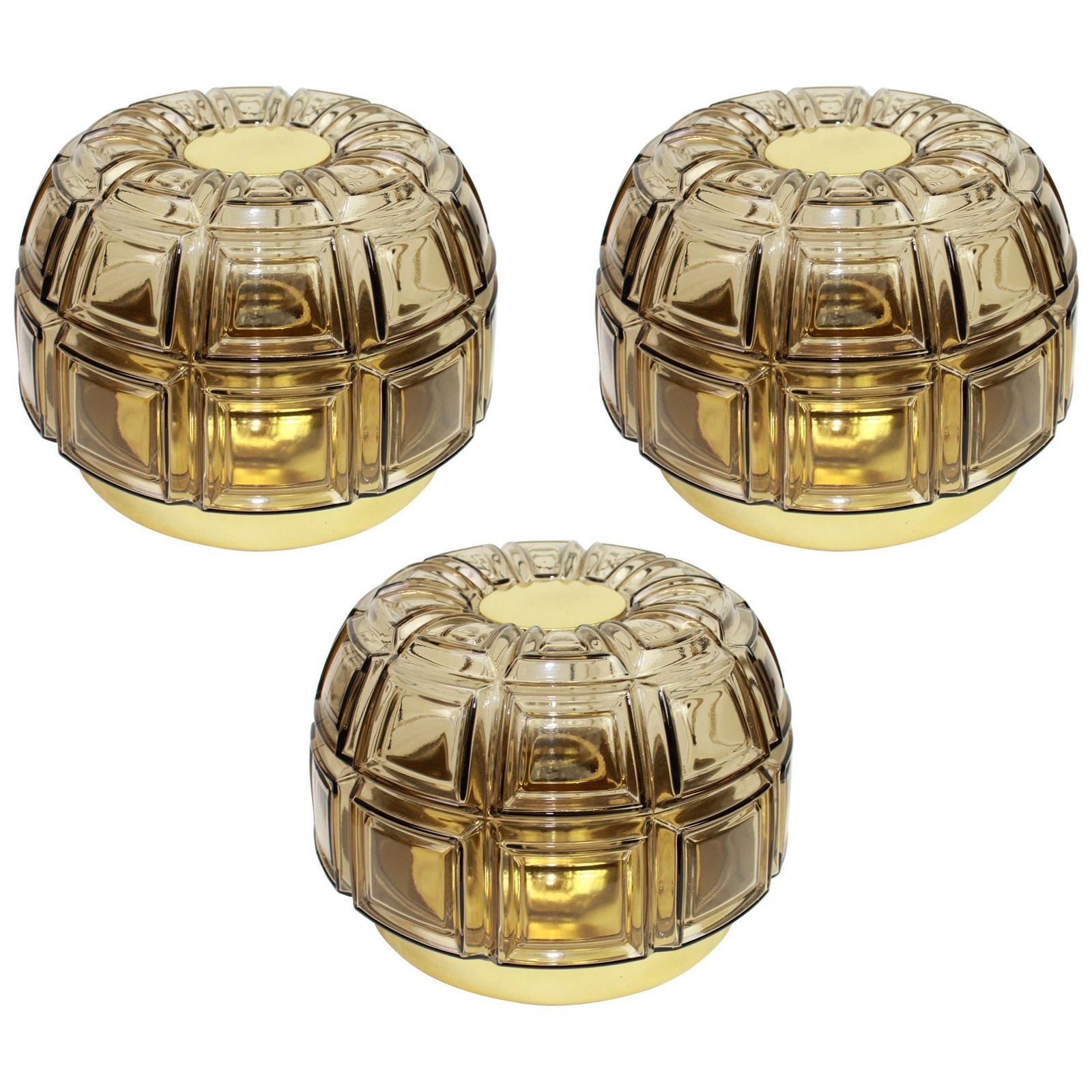 Pair Of Brass And Amber Glass Sconces Or Flushmount By Limburg, Germany, 1960s