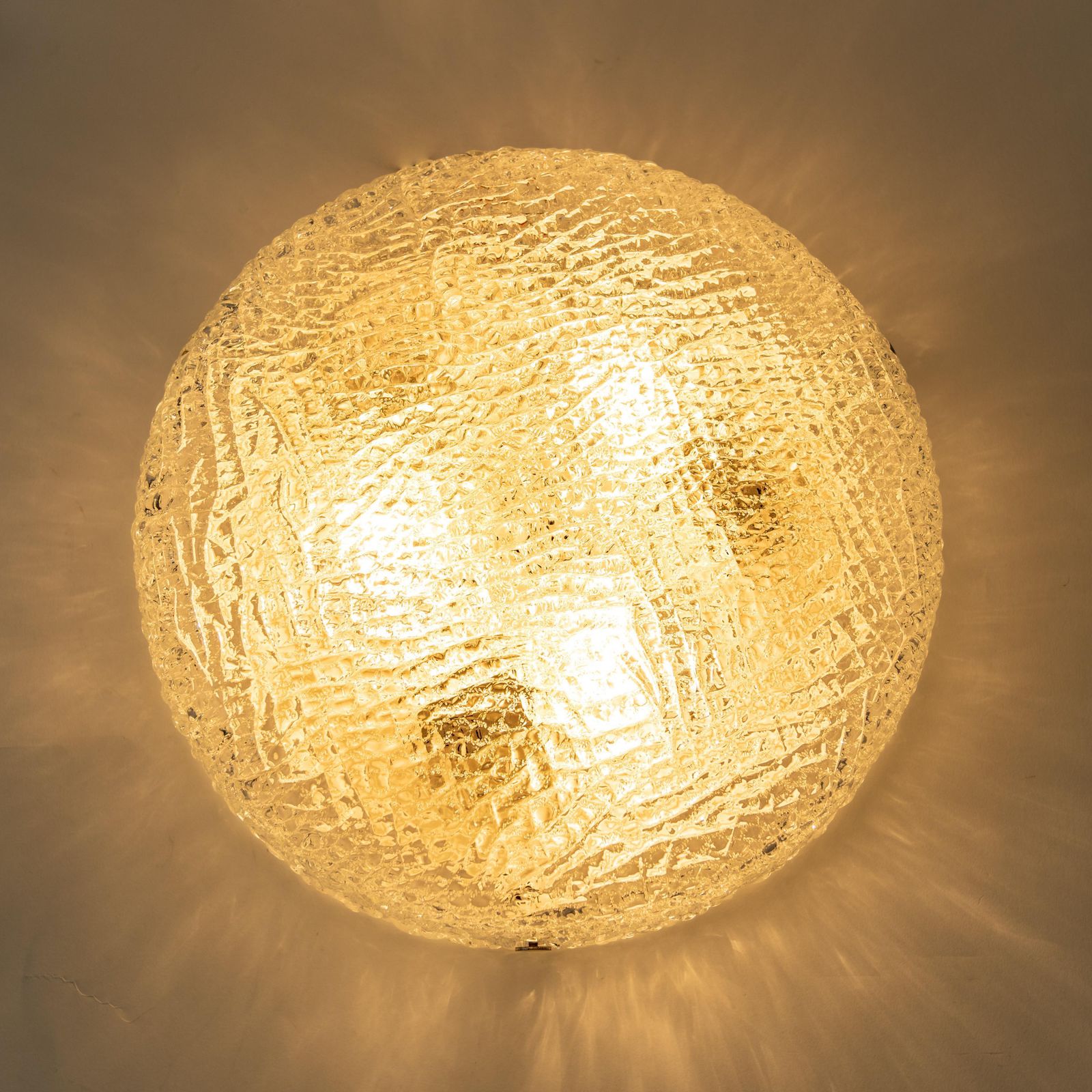 1 Of 2 Big Round Murano Ice Glass Flush Mount, Kaiser, Germany, 1970s photo vinterior