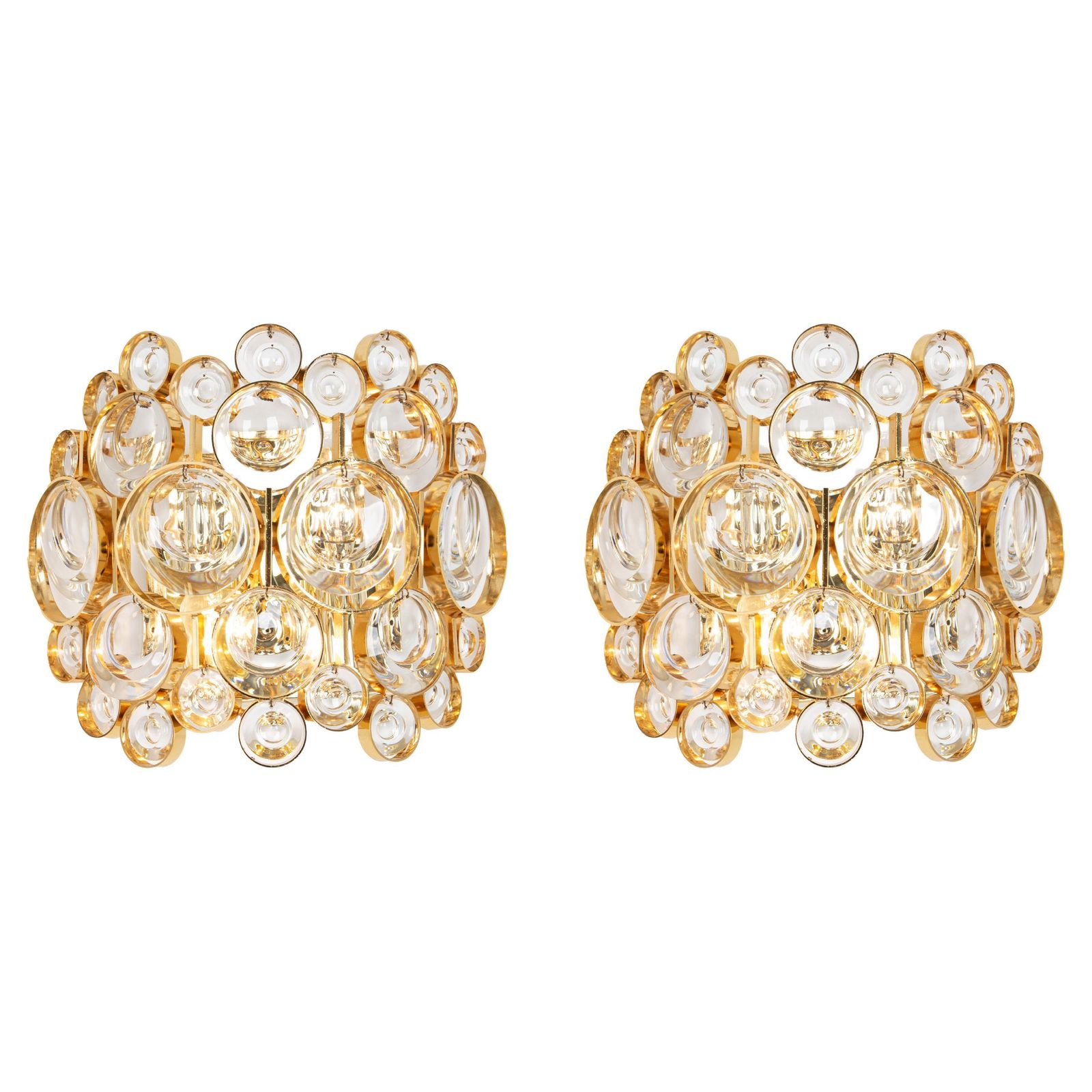 Pair Of Golden Gilded Brass And Crystal Sconce By Palwa, Germany, Circa 1960s