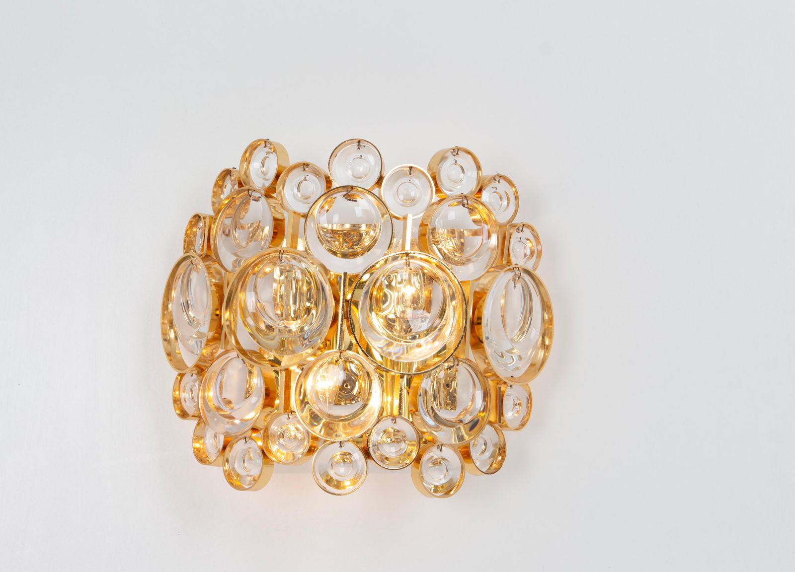 Lighting Pair Of Golden Gilded Brass And Crystal Sconce By Palwa, Germany, Circa 1960s photo