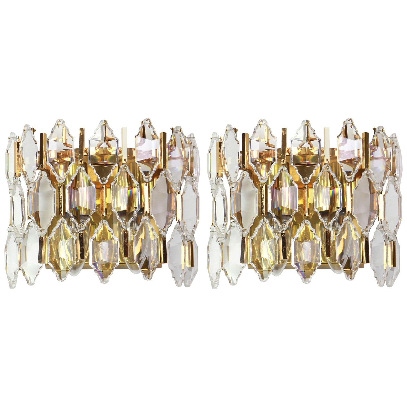 Pair Of Golden Gilded Brass And Crystal Sconces By Palwa, Germany, 1970s