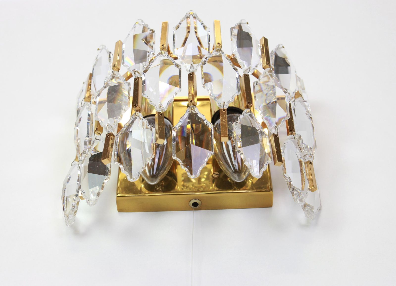Pair Of Golden Gilded Brass And Crystal Sconces By Palwa, Germany, 1970s photo furniture