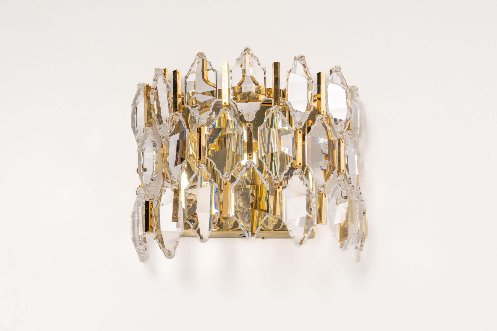 Pair Of Golden Gilded Brass And Crystal Sconces By Palwa, Germany, 1970s photo for sale