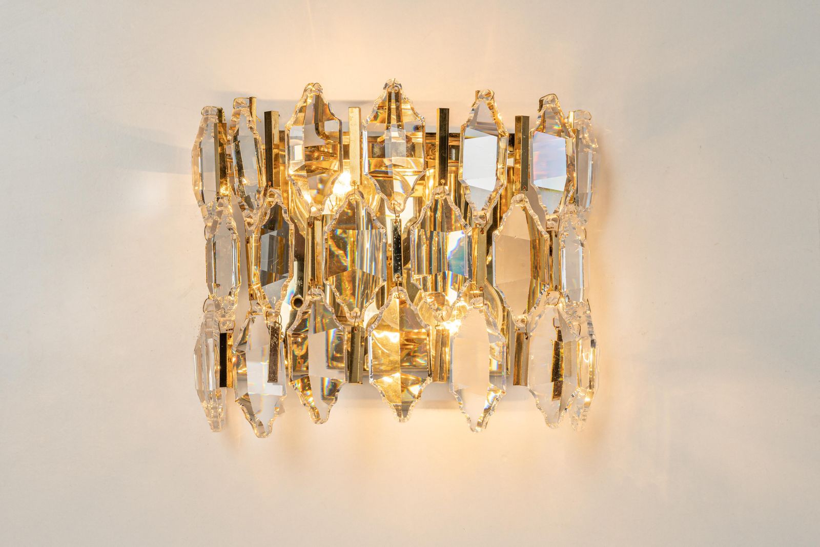 Pair Of Golden Gilded Brass And Crystal Sconces By Palwa, Germany, 1970s photo vintage