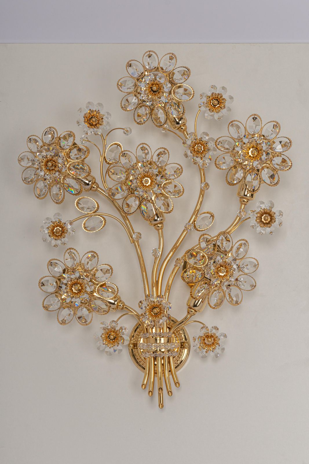Pair Of Large Gilt Brass Flower Shape Wall Lights By Palwa, Germany, 1970s photo furniture
