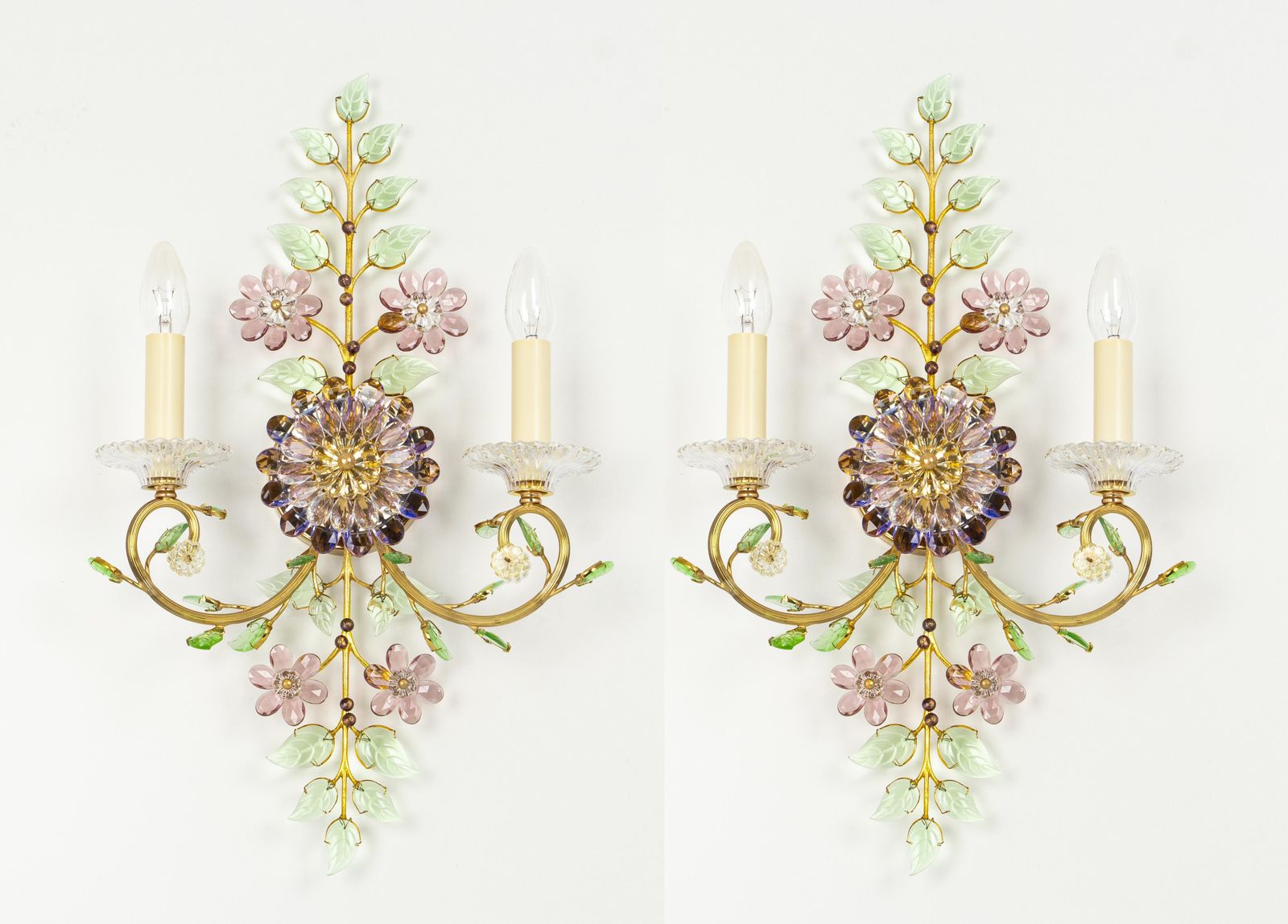 Large Gorgeous Flower Sconces Gilt Faceted Crystal Glass Bagues, Palwa, 1970s photo Lighting