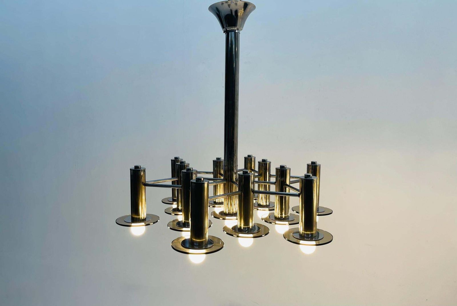Large Pair Of Chrome Chandelier With Smoked Glass photo vintage