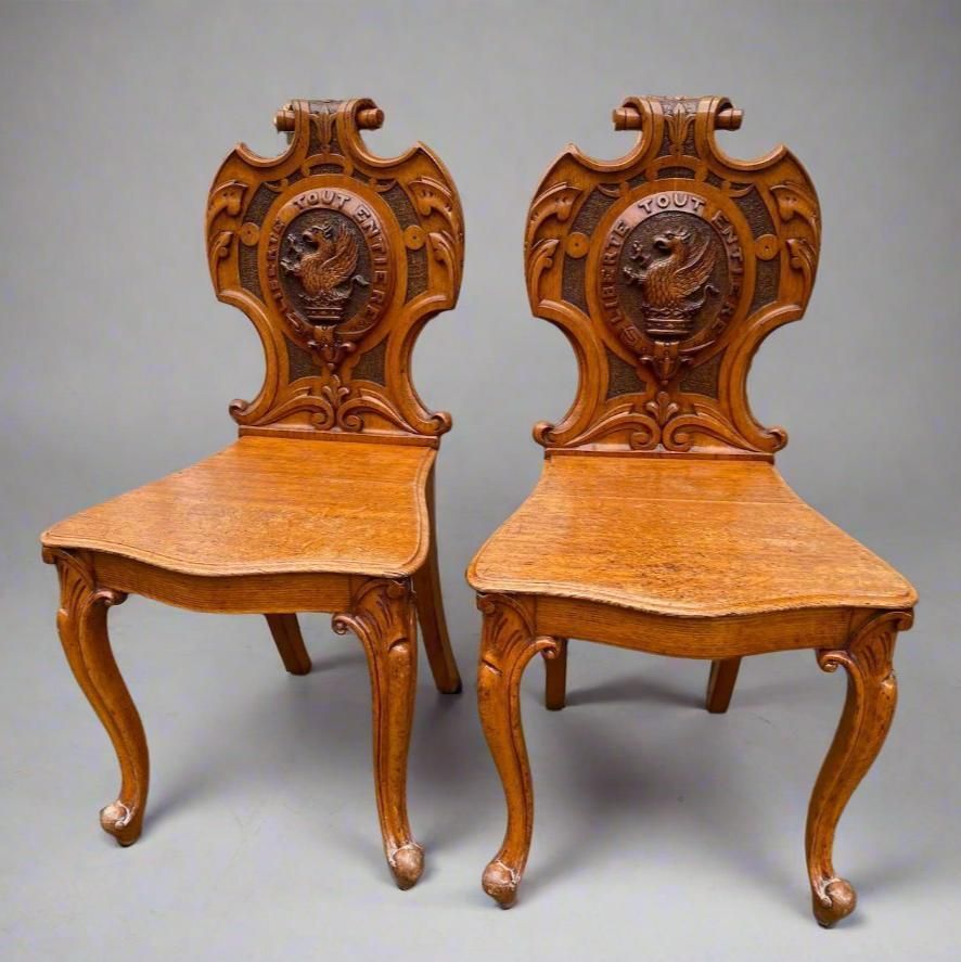 Antique Pair Of English Oak Hall Chairs Circa 1860