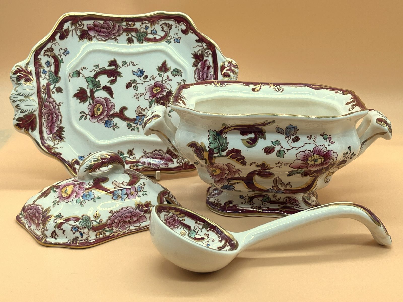 Masons Ironstone Mandalay Red Design Sauce Tureen With Lid, Stand And Ladle Boxed. photo furniture