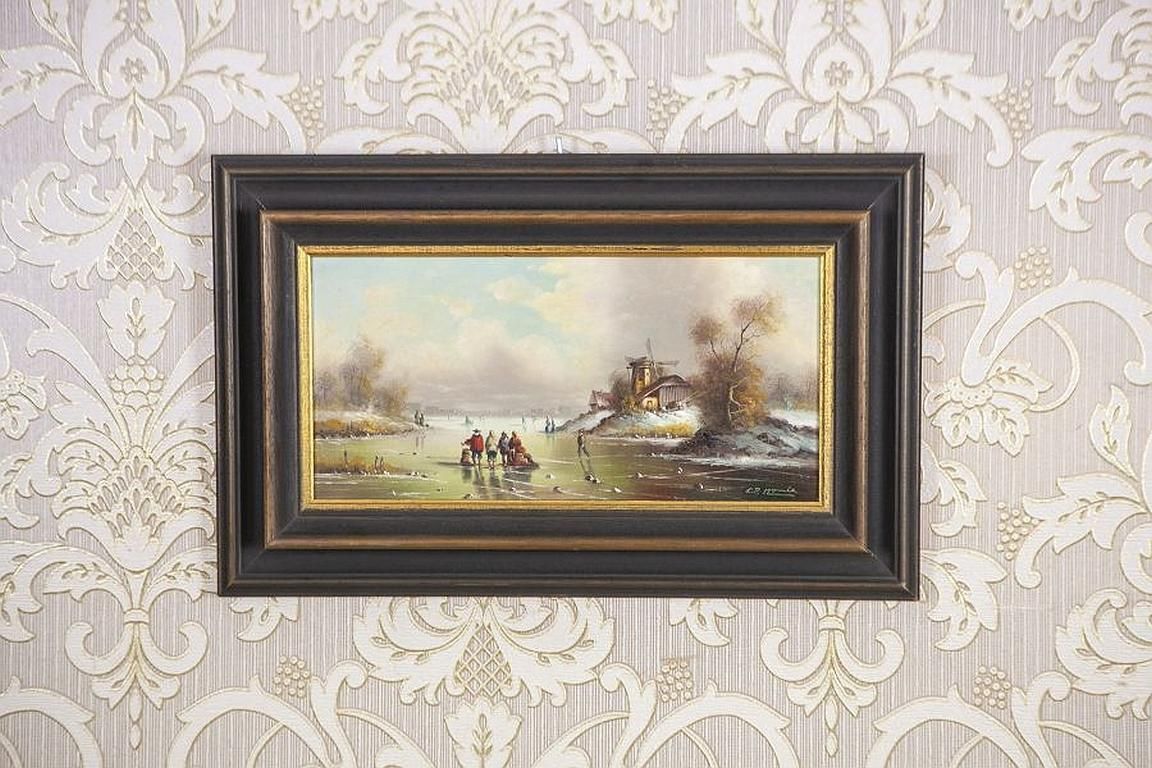 Oil Painting From The Early 20th Century, Winter Rural Landscape photo for sale