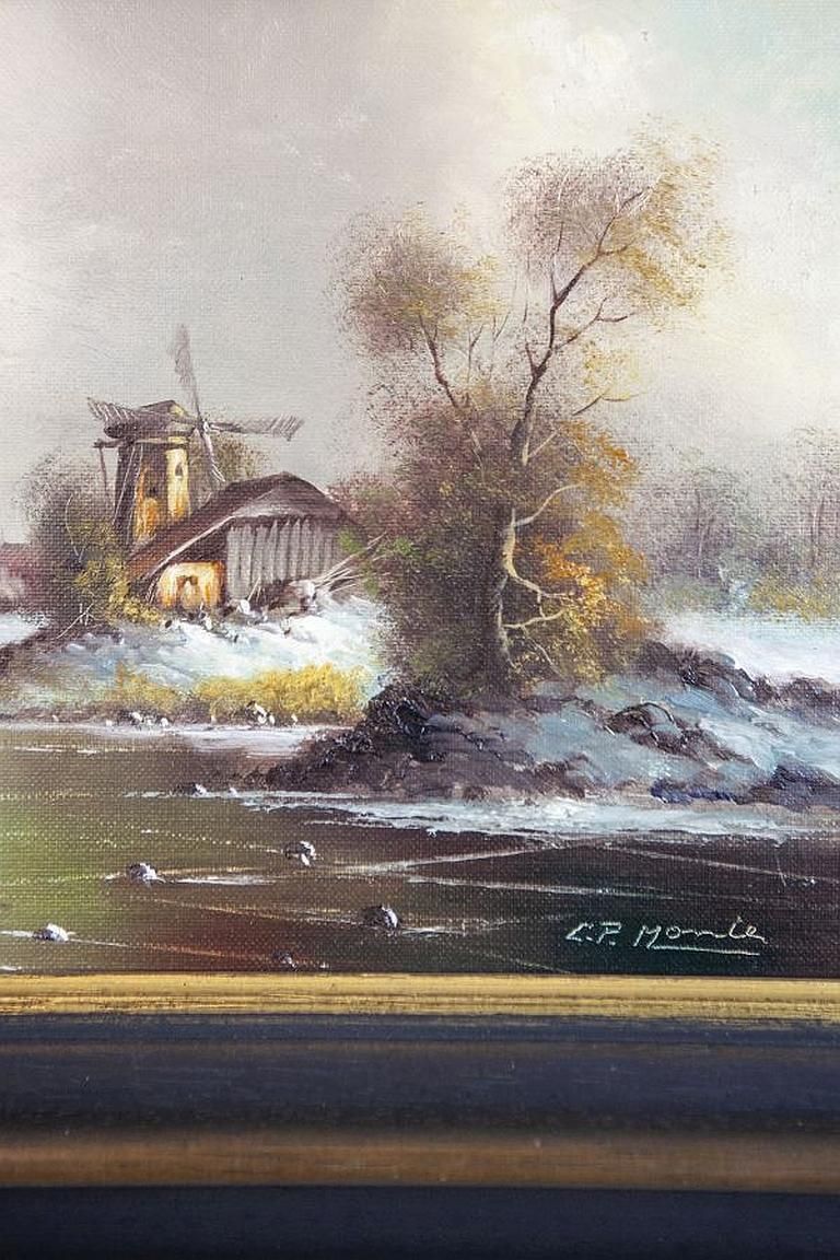 Oil Painting From The Early 20th Century, Winter Rural Landscape photo vintage