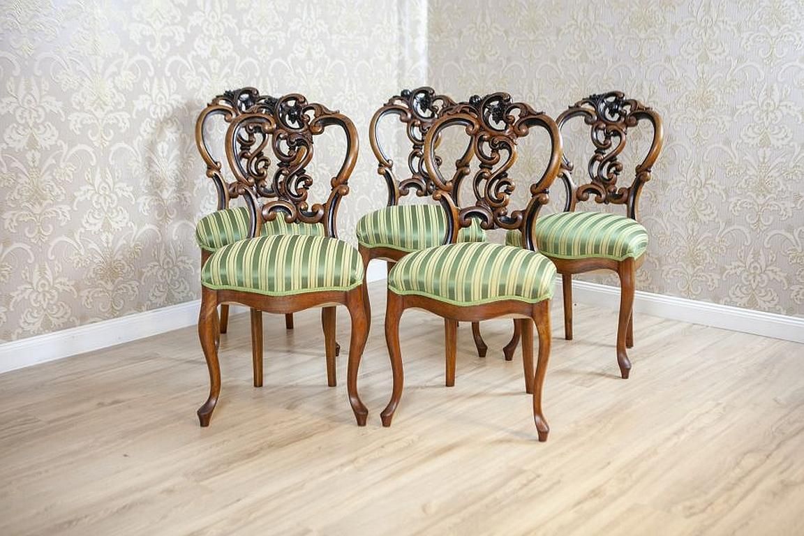 Set Of Five Walnut Chairs From The Late 19th Century In Light Green Upholstery photo furniture