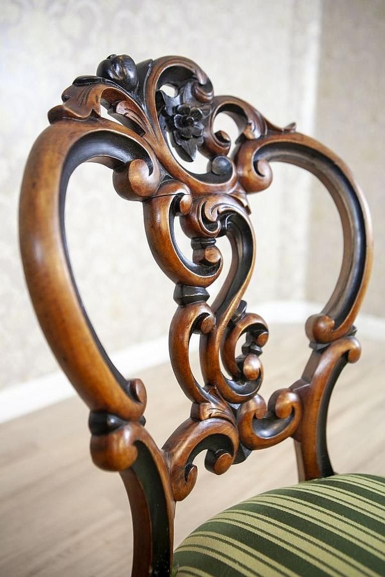 photo for sale Set Of Five Walnut Chairs From The Late 19th Century In Light Green Upholstery