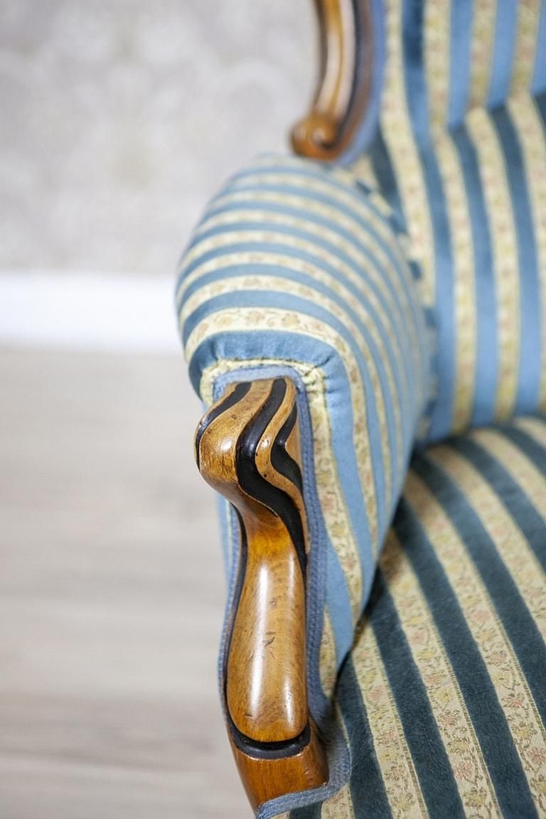 Comfortable Walnut Armchair From The Late 19th Century In Light Blue Upholstery photo vinterior
