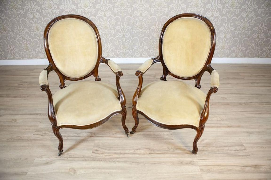 Pair Of Late 19th Century Walnut Armchairs In Beige Upholstery photo for sale